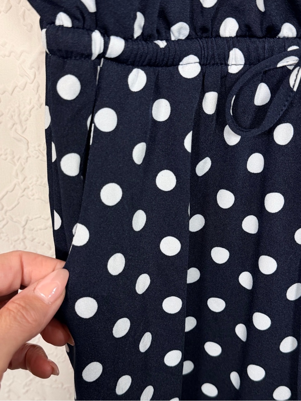 Emma & Michele Dark Navy Polka Dot Halter Wide Leg Cropped Romper Sz PM - Picture 9 of 14
